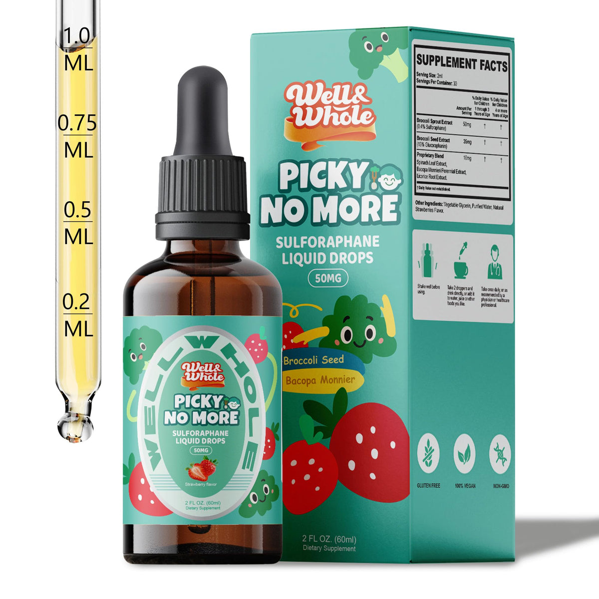 Sulforaphane broccoli liquid drops for kids on a kitchen table