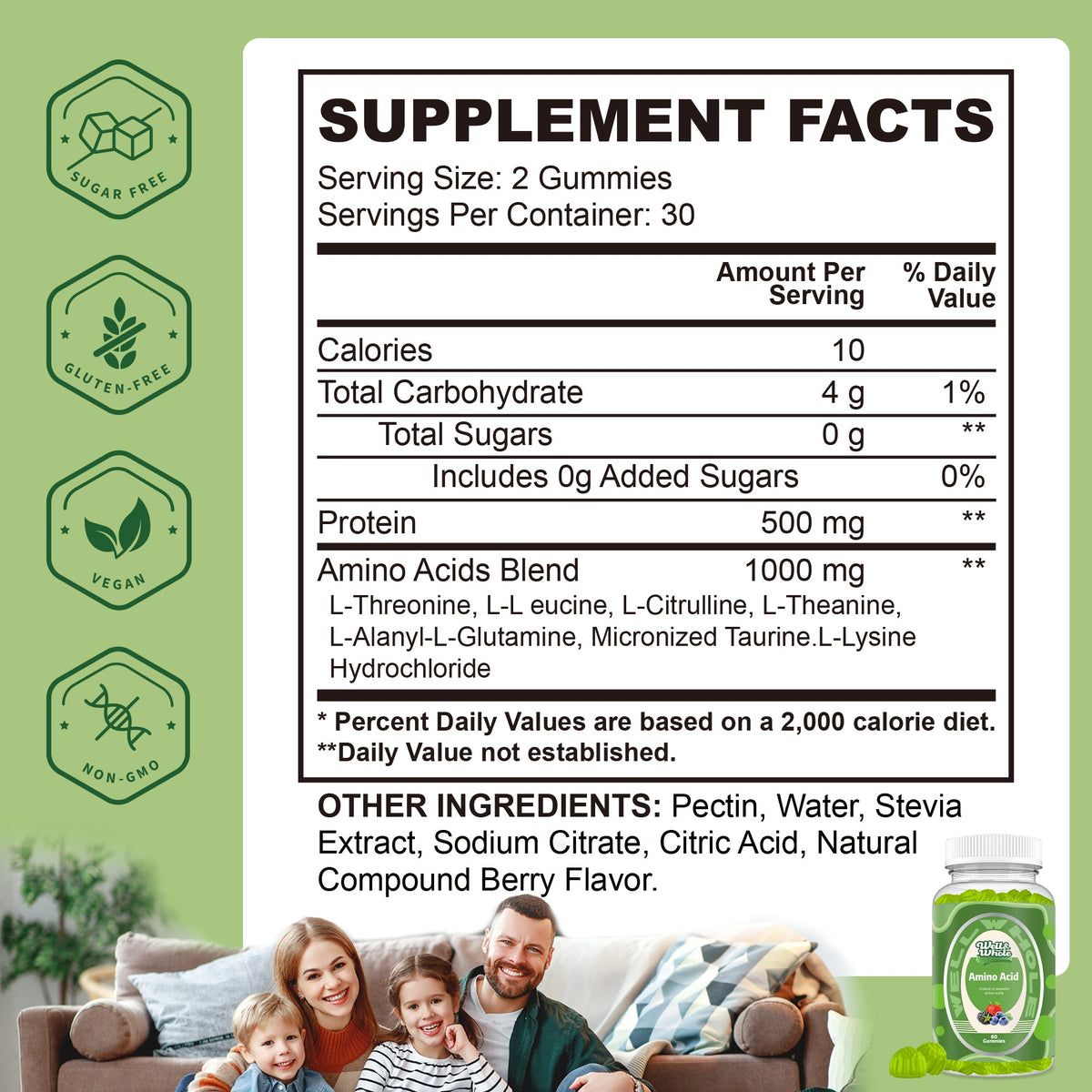 EAA gummies supplement facts panel listing essential amino acids