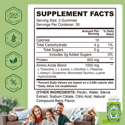 EAA gummies supplement facts panel listing essential amino acids