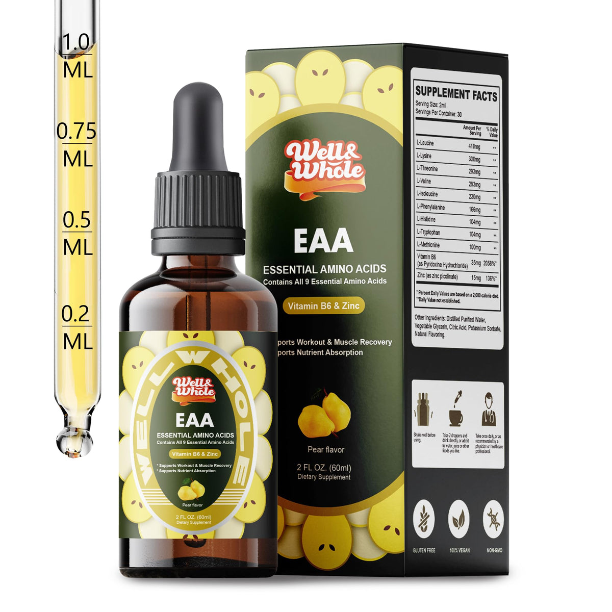 Essential amino acid liquid drops dropper over a glass at the kitchen table