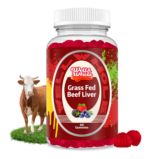 Grass-fed beef liver gummies jar on a family breakfast table
