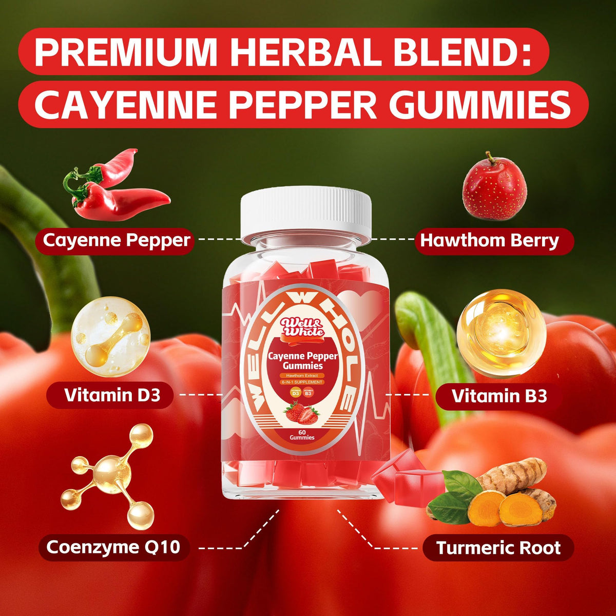 Hawthorn berry and cayenne pepper gummy sweets beside a CoQ10 bottle