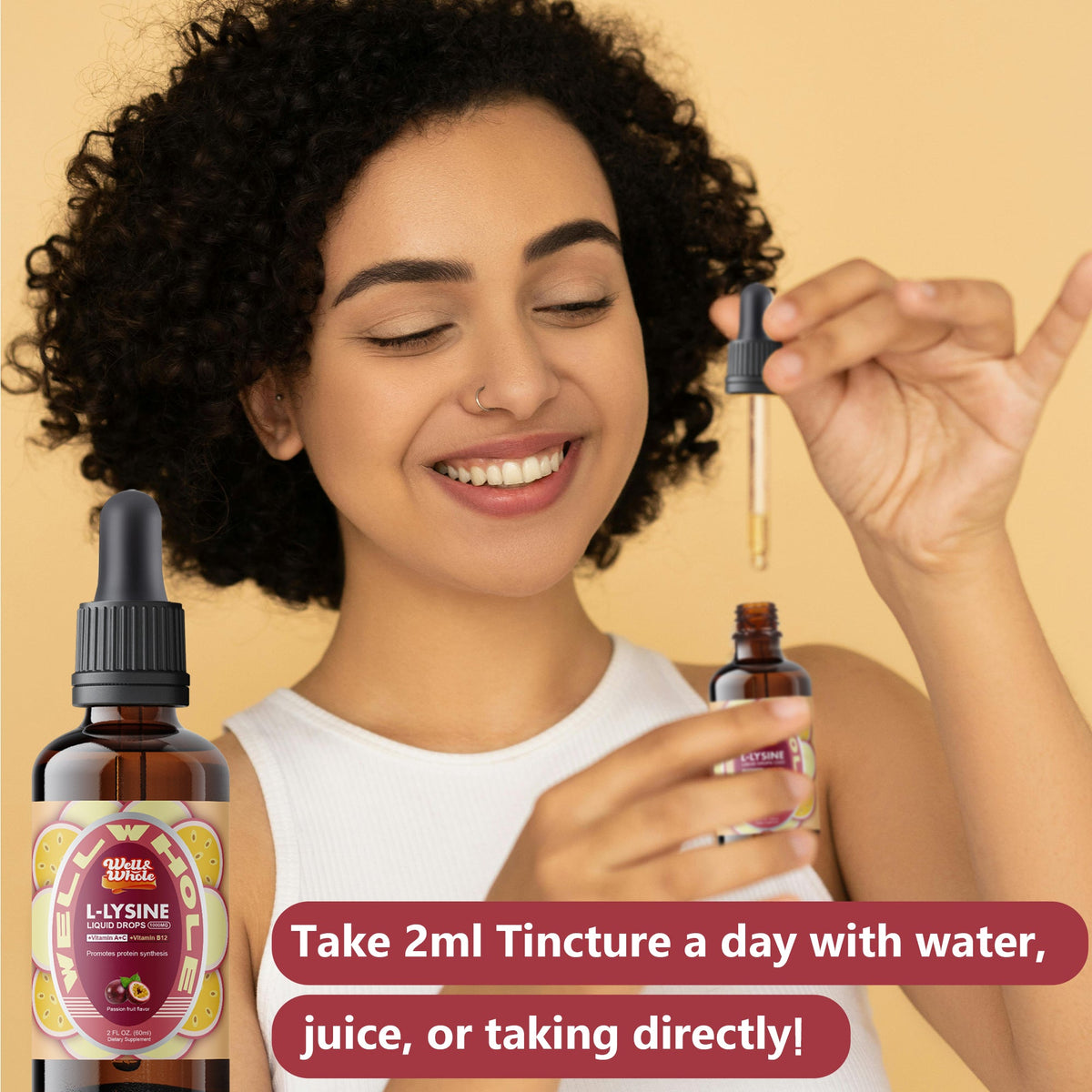 L-lysine liquid drops bottle beside a family breakfast bowl