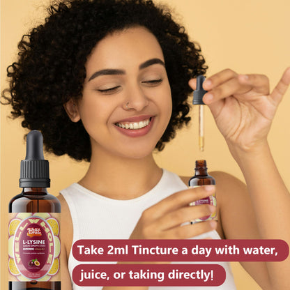 L-lysine liquid drops bottle beside a family breakfast bowl