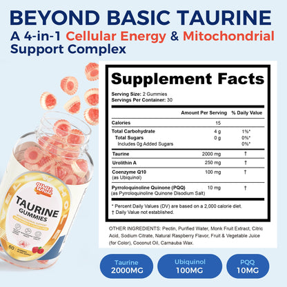 Taurine Gummies with Ubiquinol CoQ10 & PQQ, Sugar Free, 60 Cts