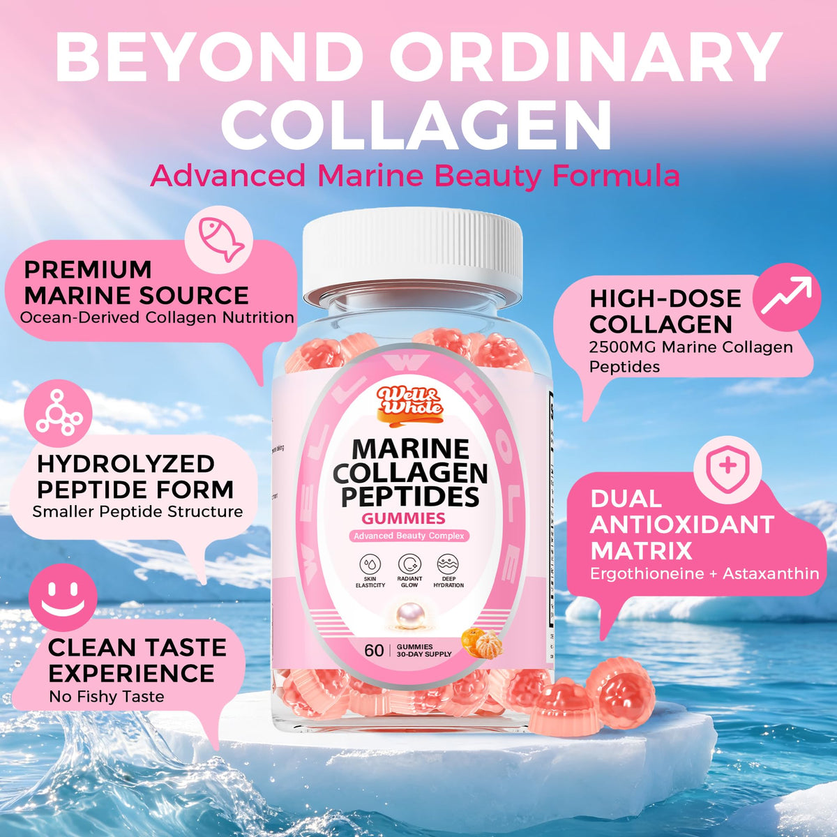 Marine Collagen Peptides Gummies, Ergothioneine, Astaxanthin, 60 Ct