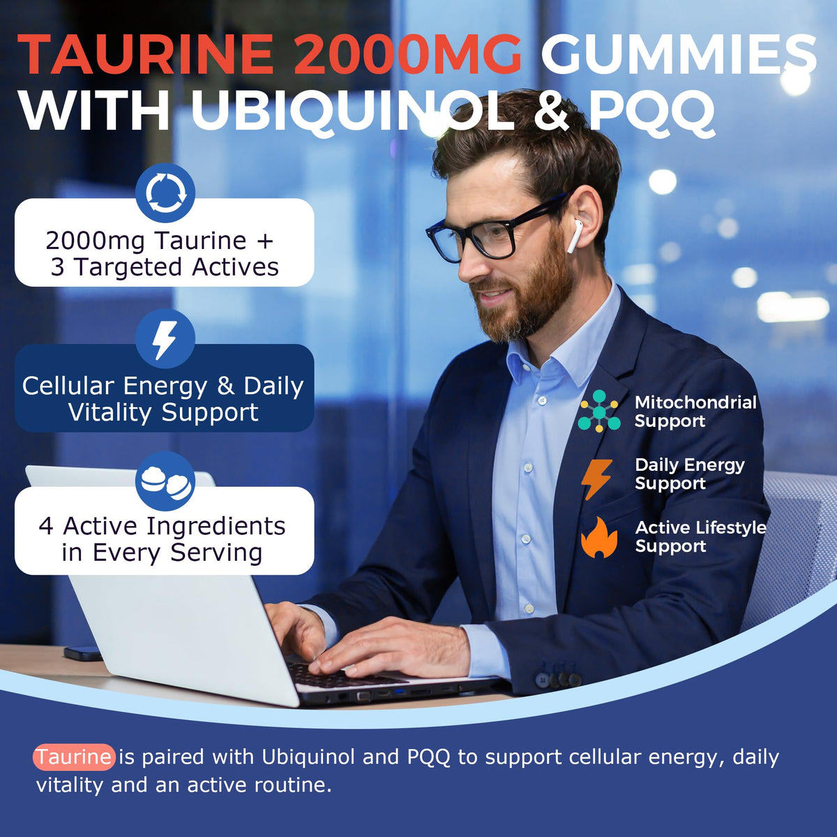Taurine Gummies with Ubiquinol CoQ10 & PQQ, Sugar Free, 60 Cts