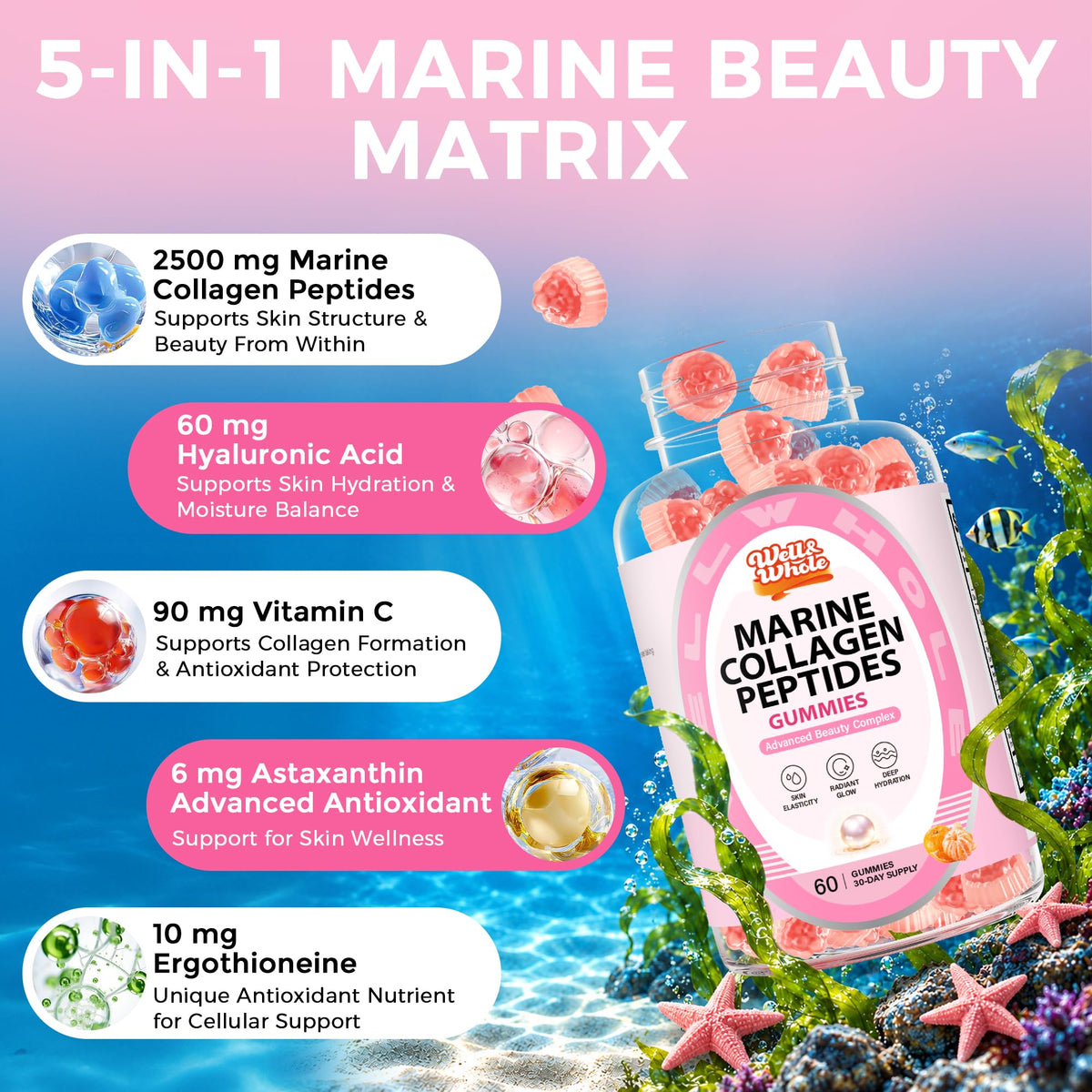 Marine Collagen Peptides Gummies, Ergothioneine, Astaxanthin, 60 Ct