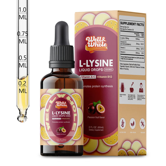 L-lysine liquid drops 1000mg bottle on a busy kitchen counter