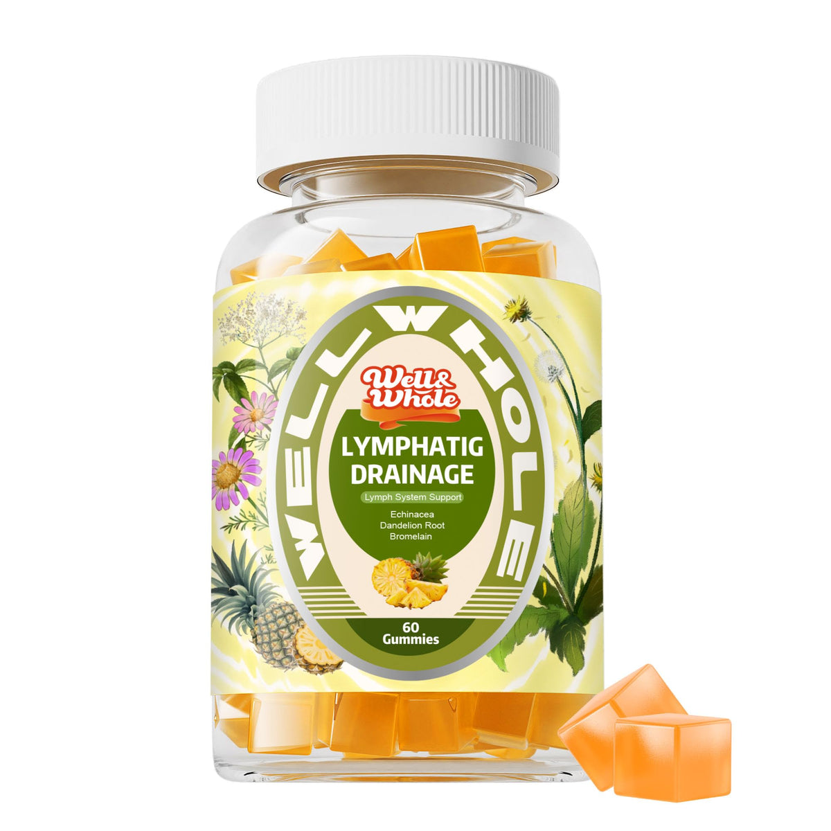 Lymphatic support gummies jar with echinacea on a kitchen counter