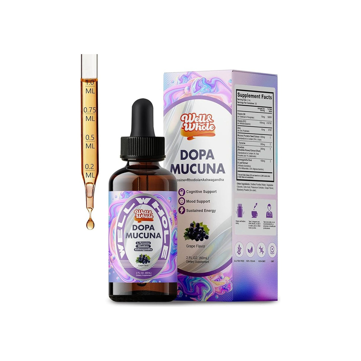 Daily Mucuna Pruriens Liquid Drops 500mg | L-Tyrosine & Rhodiola, Grape