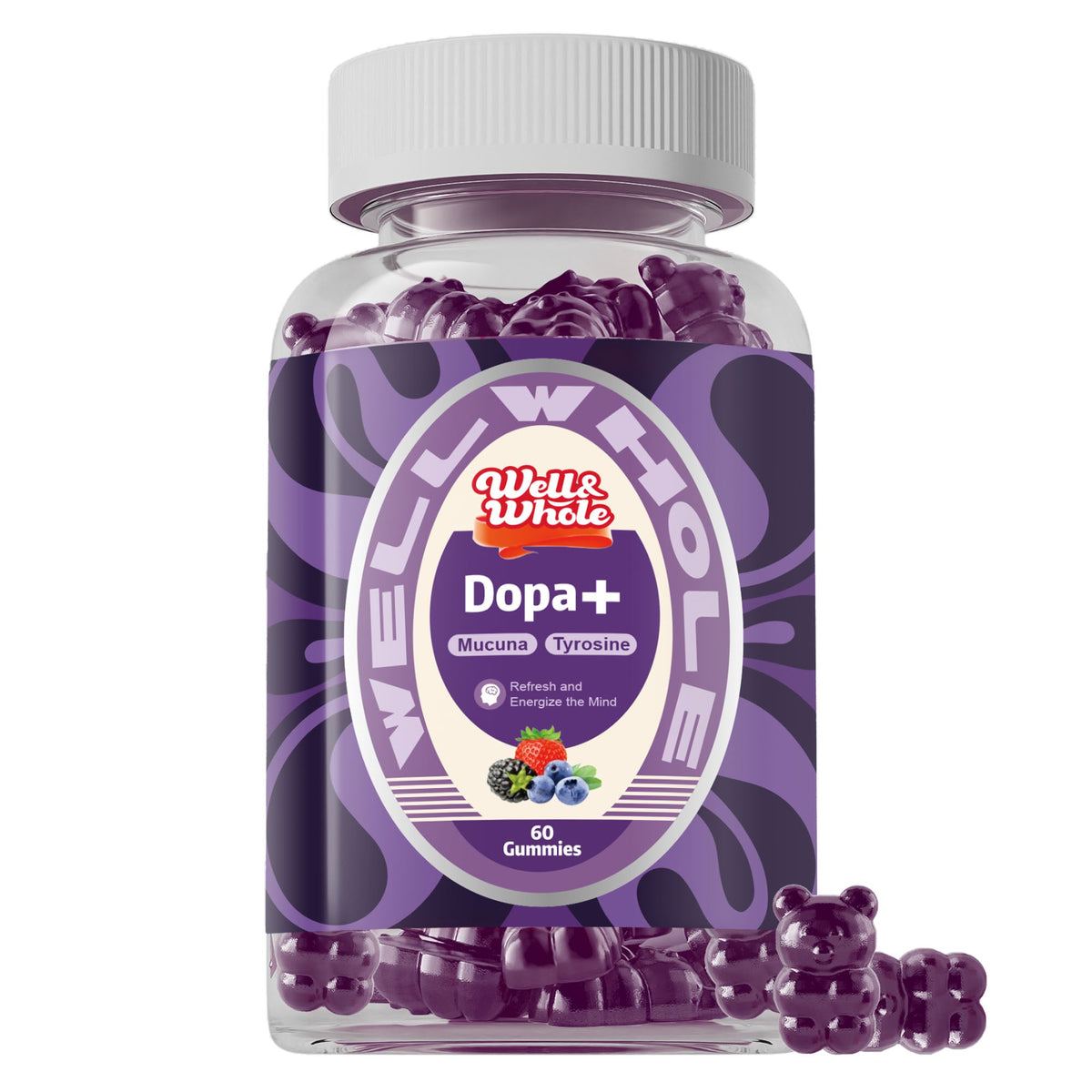 Mucuna pruriens dopamine gummies jar on a kitchen table