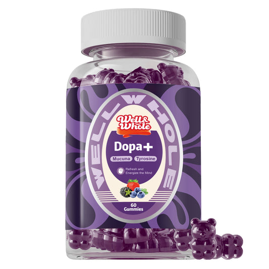 Mucuna pruriens dopamine gummies jar on a kitchen table