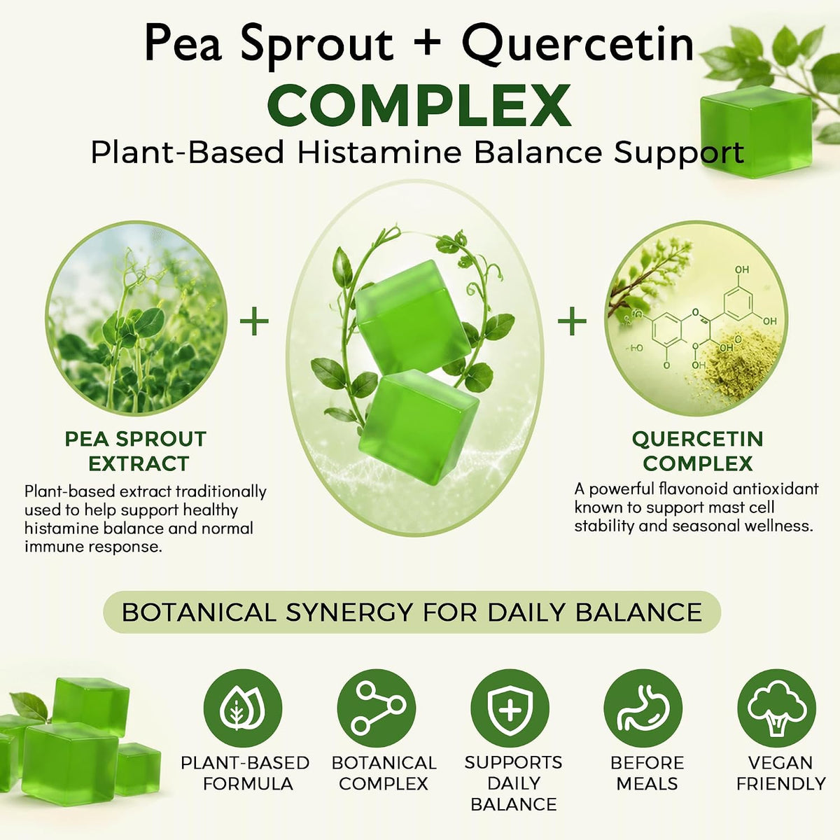 Pea sprout and quercetin gummy sweets on a plate after dinner
