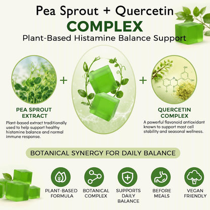 Pea sprout and quercetin gummy sweets on a plate after dinner