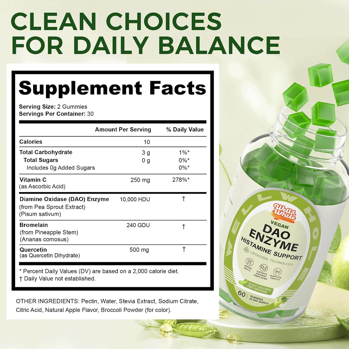 DAO support gummies supplement facts panel with quercetin and pea sprout